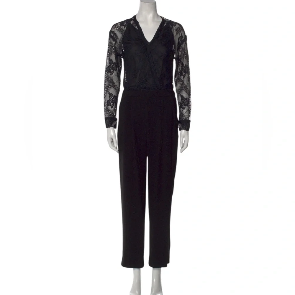 Maje Black Lace Jumpsuit with Sheer Sleeves xs straight leg cropped fairycore - Picture 3 of 7